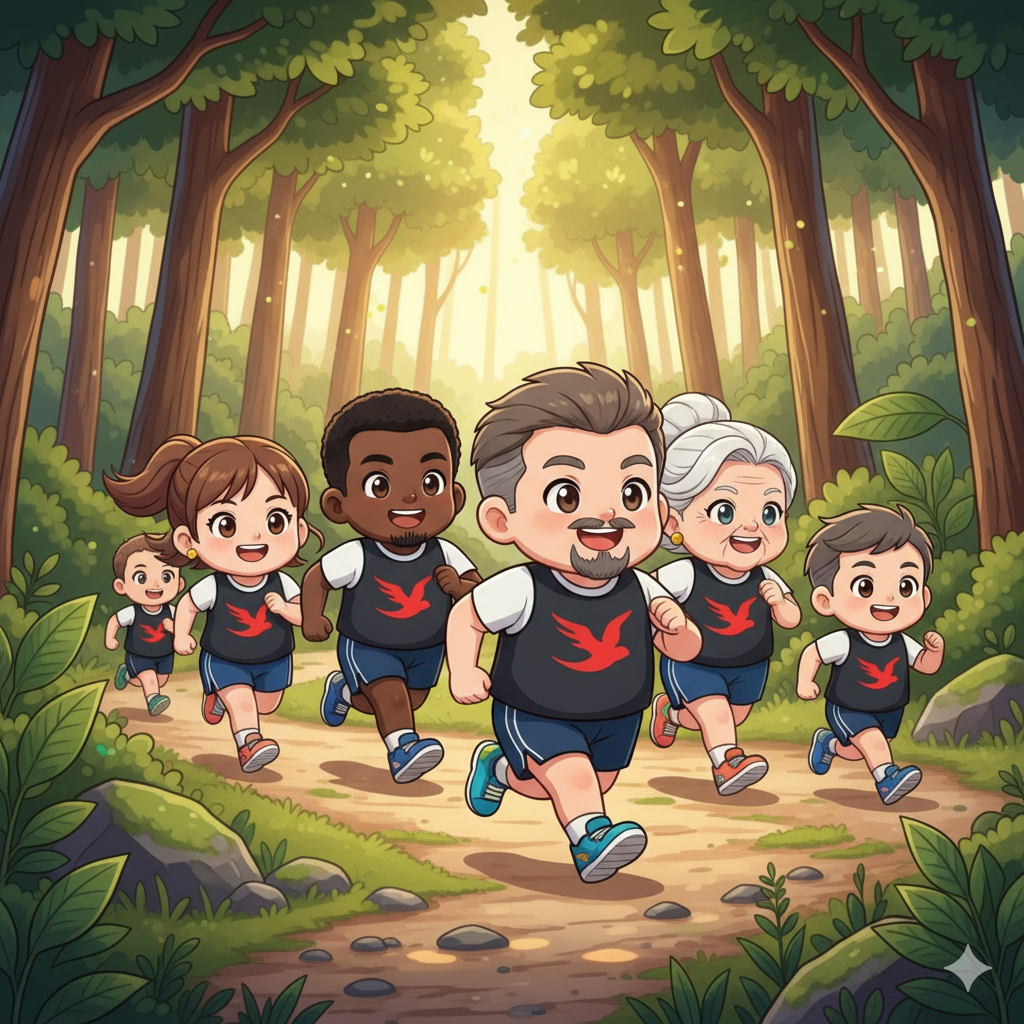 Chibi-style characters trail running through a lush green forest, shown from the side or three-quarter view. A small group of diverse runners of mixed ages and genders, wearing black vest tops with a bright red kite bird emblem on the chest. The woodland trail is winding with trees, bushes, and dappled sunlight filtering through the leaves. Characters have dynamic poses with arms and legs in motion, cheerful expressions, and a sense of energy and fun. Bright, vibrant colors, cute proportions, and an overall lighthearted, adventurous mood.