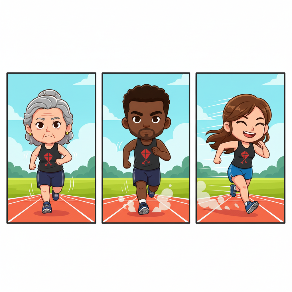 Chibi-style runners on a track, shown in stages of improvement — one character jogging slowly, another running faster, and another sprinting joyfully ahead. Diverse ages and genders, all wearing black vest tops with a red kite bird emblem on the chest. Dynamic poses with motion lines, dust clouds, or speed streaks to emphasize pace improvement. Bright, vibrant colors and a cheerful, motivational feel.